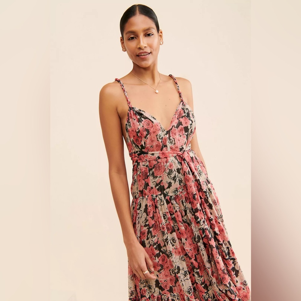 ASTR the Label Eartha Floral Tiered Maxi Dress Multicolor Taupe Pink Stunning - Picture 15 of 15